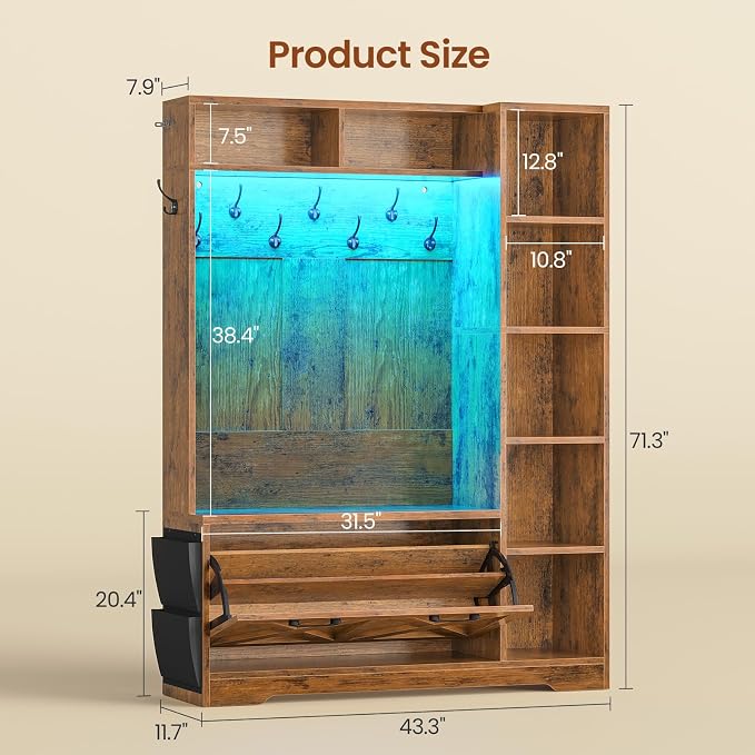 Itaar Hall Tree with Bench and Shoe Storage, Farmhouse Entryway Bench with Coat Rack, Shoe Cabinet with Flip Drawers, 7 Shelves, 10 Coat Hooks, Storage Bag, Led Lights, Rustic Brown - Image 2