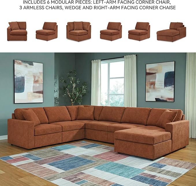 Signature Design by Ashley Casual Modmax Stain Resistant U-Shape Left-Arm Facing 6-Piece Sectional with Chaise and Reversible Cushion, Orange