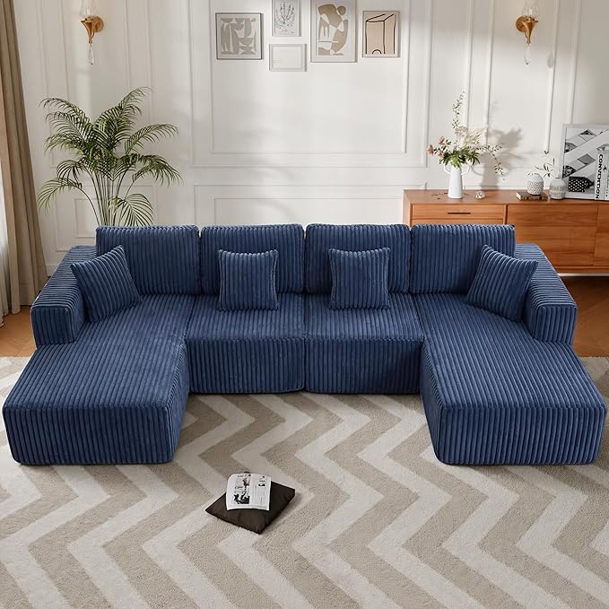 132" U Shaped Boneless Couch, Cloud Sectional Modular Sofa with Double Chaise Lounge, Corduroy Cloud Couch with Pillows & Deep Seat, Boneless Sofa for Living Room, Blue