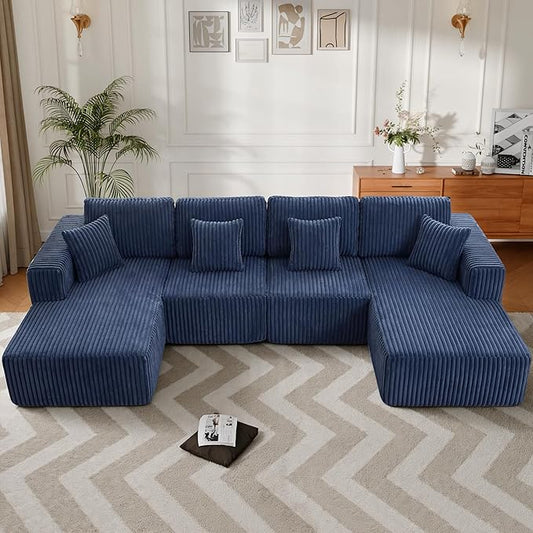 132" U Shaped Boneless Couch, Cloud Sectional Modular Sofa with Double Chaise Lounge, Corduroy Cloud Couch with Pillows & Deep Seat, Boneless Sofa for Living Room, Blue