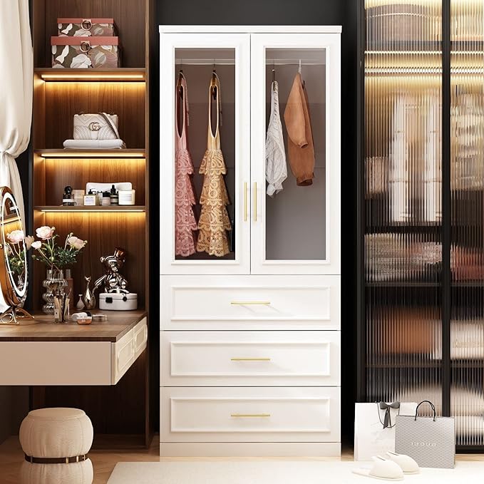 FAMAPY 2 Glass Door Wardrobe with 3 Drawers, Armoire Wardrobe with Hanging Rod, Gold Metal Handles, Closet for Bedroom White (31.7'W x 19.3'D x 74.9'H)