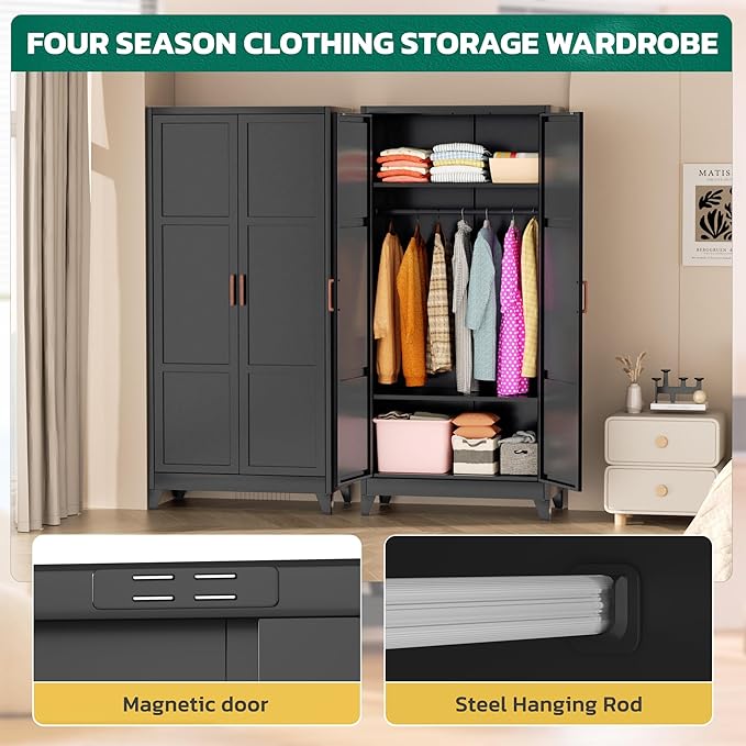 Greenvelly Metal Wardrobe Cabinet, 19" D x 34" W x 71" H Metal Wardrobe Closet with Hanging Rods and Adjustable Shelves,Clothing Storage Closet Cabinet for Bedroom, Cloak Room, Laundry Room (Black)