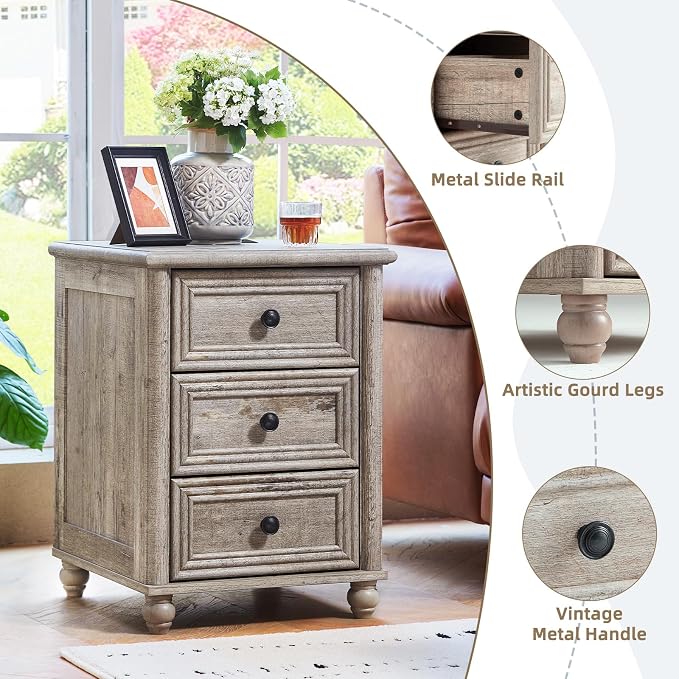 RWYHG 18" Farmhouse Nightstand with Charging Station and USB Port, Grey Night Stand with 3 Drawers, Wood Bedside End Table with Storage, Bed Side Tables for Bedroom Living Room and Closet - Image 8