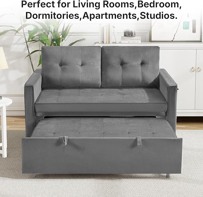 Rovibek 3-in-1 Velvet Sleeper Sofa Bed, Convertible Pull Out Couch for Living Room with Adjustable Backrest, Side Pockets, Velvet Fabric Loveseat Sofa for Apartment, Grey