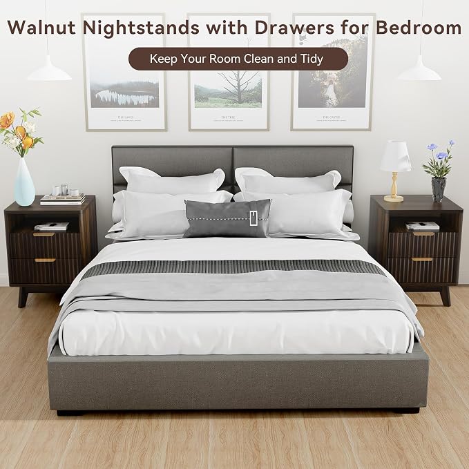 Fluted Nightstand with 2 Drawers, 18" Modern Night Stand with Faux Marble Top, Open Storage Shelf, Curved Edge Bedside Table for Bedroom, End Side Table (2, Walnut) - Image 7