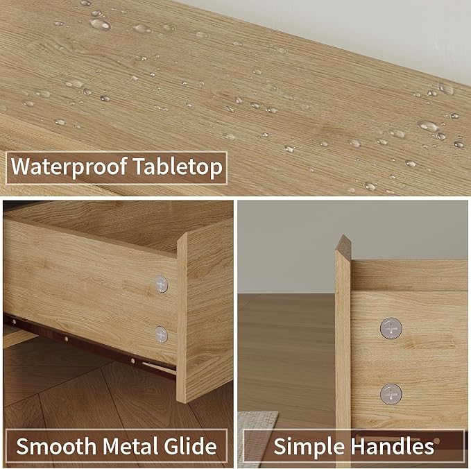 CHUWELL 3-Piece Bedroom Dresser Set-6 Drawer Dresser & 2 Nightstands,47" Wide Dresser and Night Stands with Solid Wood Cylindrical Legs,Rustic Wooden Storage for Bedroom(Oak)