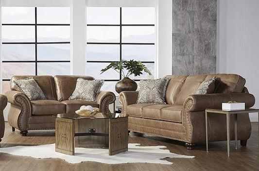Leinster Faux Leather Sofa and Loveseat with Antique Bronze Nailheads in Jetson Ginger