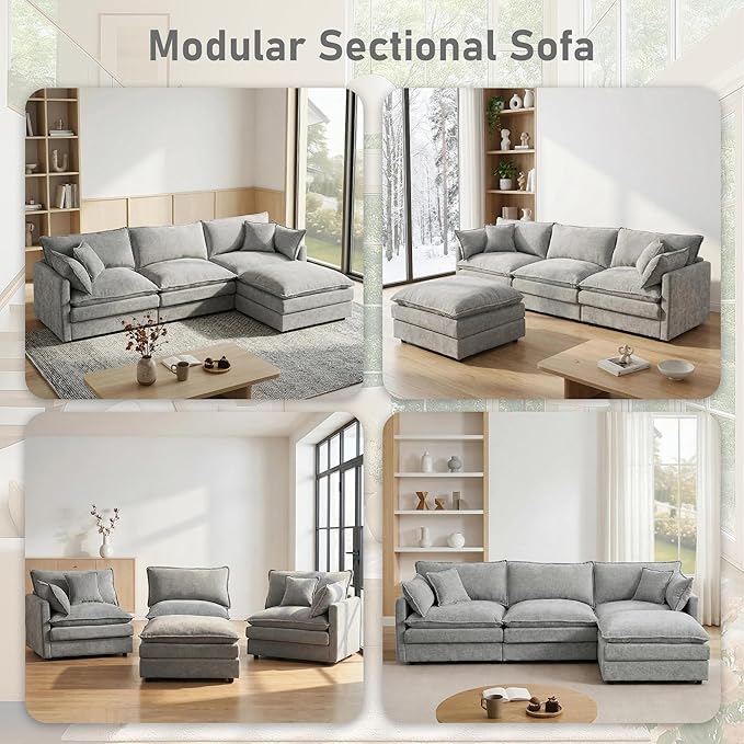 102" Cloud Couch Sectional, Modular Sectional Sofa with Chaise & 4 Removable Washable Pillows, Oversized L-Shaped Couch for Living Room, Modern 3-Seat Cloud Sofa Sectional with Deep Seat, Gray