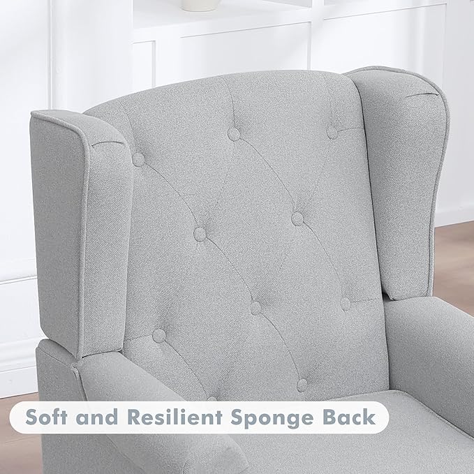 Accent Chair for Living Room, Mid Century Modern Upholstered Armchair, Wingback Chair with Tufted High Back and Solid Legs, Comfy Single Sofa Side Chairs for Bedroom, Light Grey