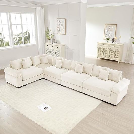 KEIKI 146" L-Shaped Oversized Corduroy Modular Cloud Sectional Sofa with High-Density Foam Cushion, Extra-Thick Armrest, Convertible 5-Seater Fluffy Corner Couch with 18 Pillow, for Living Room, Beige