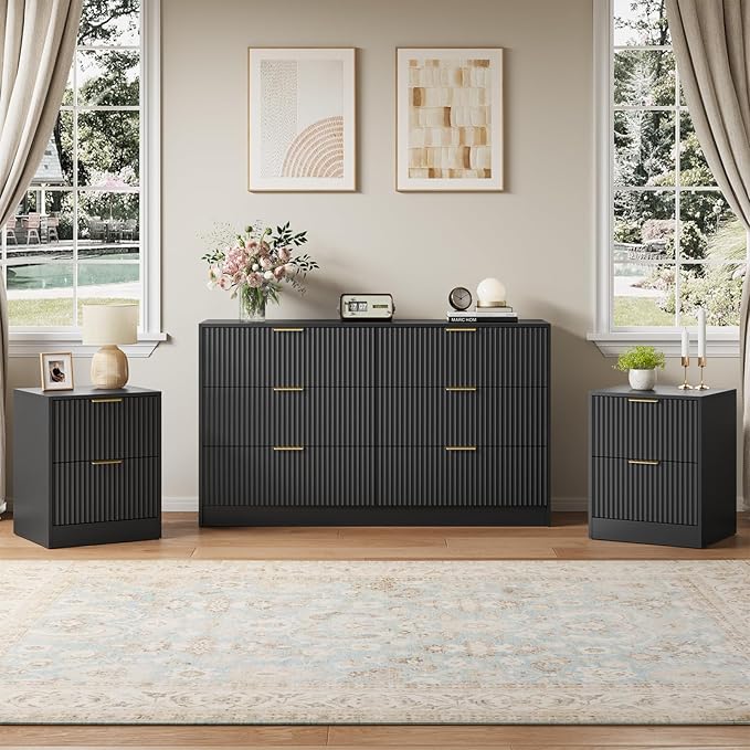 6 Drawer Dresser & Nightstand Set 3-Piece, 55” Wide Bedroom Dresser and Night Stand Set of 2 with Metal Handle, Fluted Modern Wood Chest of Drawers Storage Dressers Set for Bedroom, Black