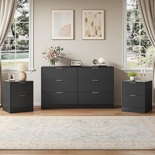 6 Drawer Dresser & Nightstand Set 3-Piece, 55” Wide Bedroom Dresser and Night Stand Set of 2 with Metal Handle, Fluted Modern Wood Chest of Drawers Storage Dressers Set for Bedroom, Black