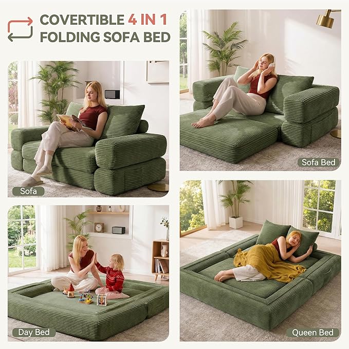 4-in-1 Convertible Folding Sofa Bed, 76 Inch Queen Size Foldable Sleeper Sofa Bed, Wide Corduroy Upholstery, Boneless Mattress Couch with Armrests & Neck Pillow for Living/Bedroom - Green