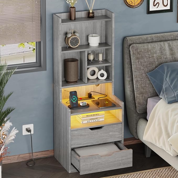ADORNEVE Tall Night Stand with Charging Station and LED Lights,Nightstand with Bookshelf,Bedside Table with Drawers & Power Outlets,End Side Table for Bedrooms (Grey) - Image 8