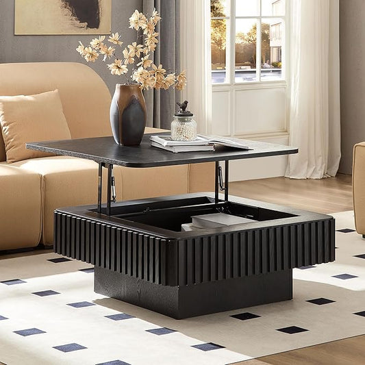 WILLIAMSPACE 35.43" Lift Top Coffee Table with Hidden Storage & Sturdy Base, Modern Luxury Square Wood Handcraft Drum Center Table Accent End Tea Table for Living Room, Minimalist Fluted Design, Black