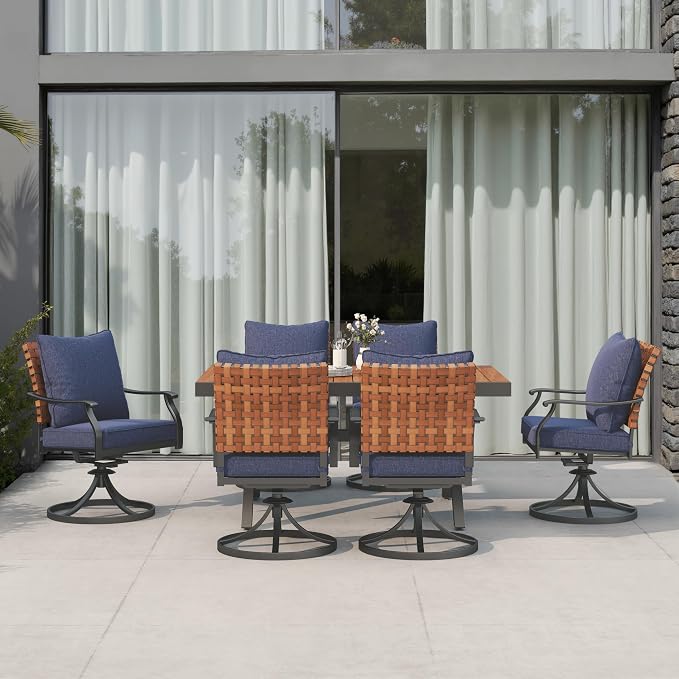 Grand patio 7-Piece Outdoor Dining Set, 6 Leather-Look Wicker Blue Swivel Patio Chairs & 1 Extendable Rectangular Dining Table, Brown - Image 2