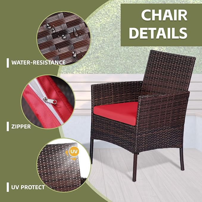 Patio Furniture Set 4 Pieces, Outdoor Rattan Furniture with Tempered Glass Coffee Table, Modern Rattan Patio Chairs Conversation Sets with Sofa for Garden, Terrace, Porch, Lawns Brown/Red