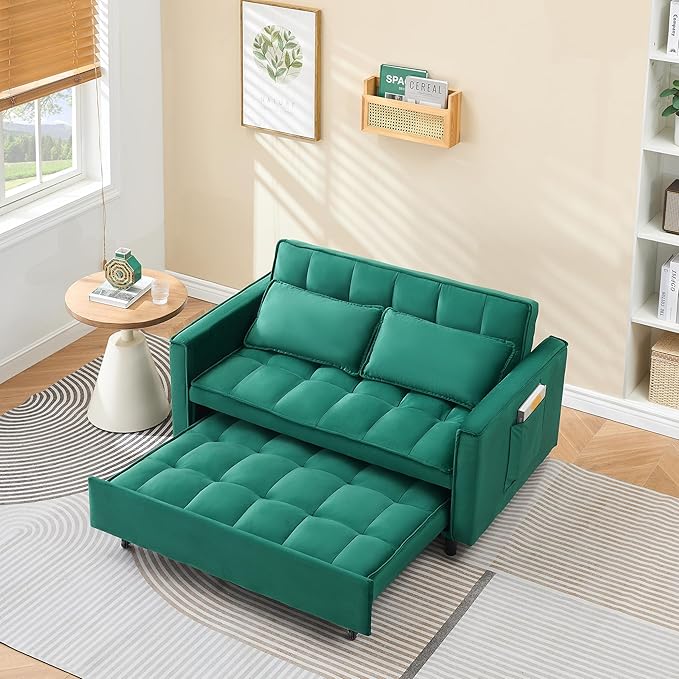 55" Modern Velvet Loveseat Sleeper Sofa, 3-in-1 Convertible Pull-Out Bed with Adjustable Backrest, 2 Pillows & Side Pockets, Small Pull Out Couch for Living Room, Apartment(Green)