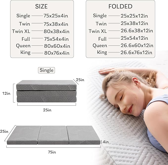 MLILY Tri-Fold Memory Foam Mattress Topper, 4 inch King Folding Mattress with Collapsible and Washable Cover, Travel and Guest Mat, 80"×76"×4", Grey