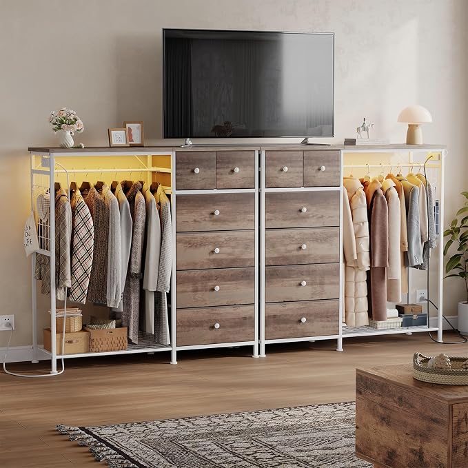 DUMOS Dresser for Bedroom with Hanging Rack, 6 Drawer Fabric Dresser with Charging Station and LED Lights, Closet Organizer & Storage Tower for Living Room, Entryway, Apartment, Oak Greige - Image 9