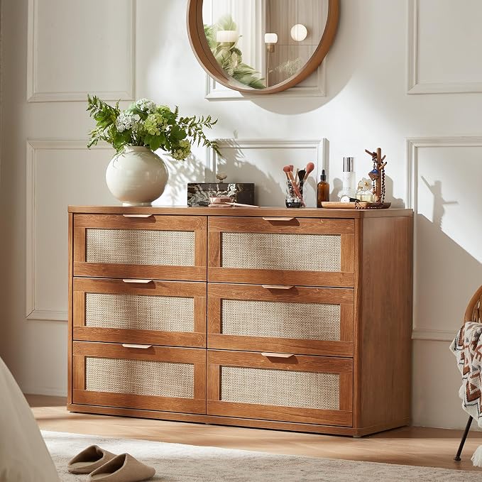 LEYAOYAO Rattan Dresser for Bedroom Set of 2, Boho 48" Wide 6 Drawer Dresser Chest of Drawers, Wood Dressers TV Stand with Metal Handle, Storage Dressers Closet Organizer for Living Room, Hallway - Image 7