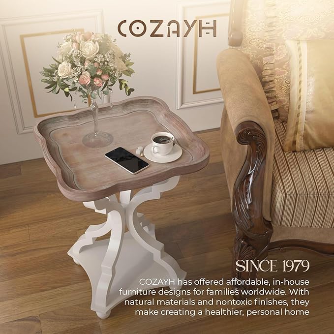 COZAYH Farmhouse Cottagecore End Table, Rustic Wood Tray Top Square Accent Table with White Curved Legs for Family Room, Living Room, or Small Spaces