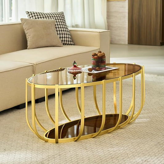 Saint Mossi Glass Oavl Coffee Table for Living Room, Modern 2-Tier Glass Center Table, Brown Glass Top with Gold Finish Legs & Frame, L42.5xW23xH16.5