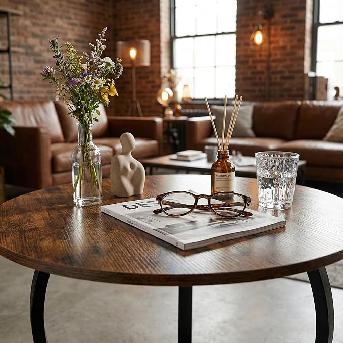 Small Round Coffee Table with Open Storage,23" 2-Tier Coffee Side Tables for Small Space, Accent Center Table Circle Sofa End Table with Wooden Table Top for Living Room Bedroom (Rustic Brown)