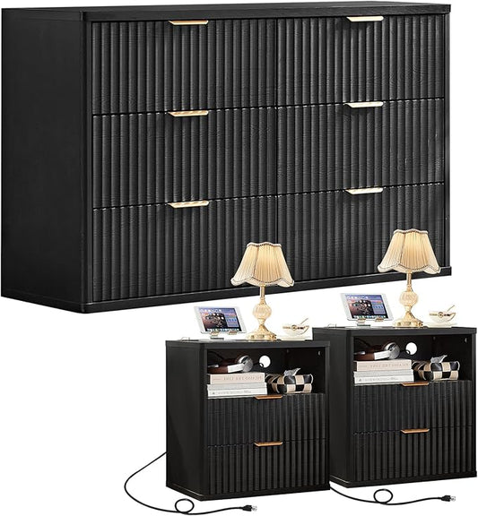 LEYAOYAO 48" Wide Fluted Dresser and 2 Drawers 23" Nightstand Set of 2, Wooden Dresser & Night Stand with Charging Station, 3 Piece Bedroom Furniture Set, Wood Chest of Drawer for Living Room,Black