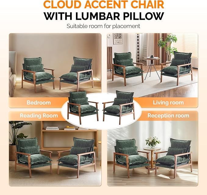VINGLI Mid-Century Modern Cloud Accent Armchairs set of 2 with Lumbar Pillow, 6.3'' Thick Seat Cushion Reading Chairs with Wooden Armrests,Boho Lounge Chair for Bedroom,Living Room,Chenille,Dark Green
