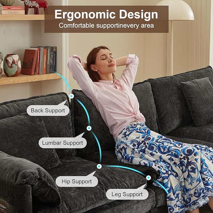 Modular Sectional Sofa, 108” Comfy Cloud Couch with Movable Ottoman | Charging Station | Side Pocket | Throw Pillow, Modern L-Shaped Couches for Living Room, Chenille, Classic Black