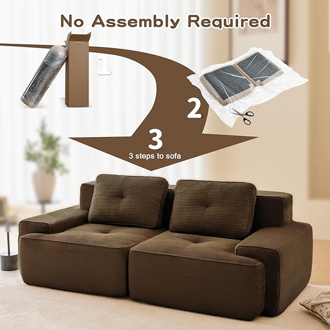 Casaphoria 80'' Corduroy Couch Sectional, 2 Seater Boneless Couches for Living Room, Brown Modular Cloud Sofa with 2-Pillow, Extra Deep Seat Sofa with No Assembly