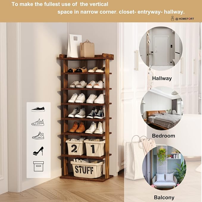 HOMEFORT 7-Tier Wood Shoe Rack, Double Rows Shoe Shelf, Shoe Storage Stand, Entryway Shoe Tower, Vertical Shoe Organizer for Narrow Closet, Entryway, Hallway, Rustic Brown - Image 5
