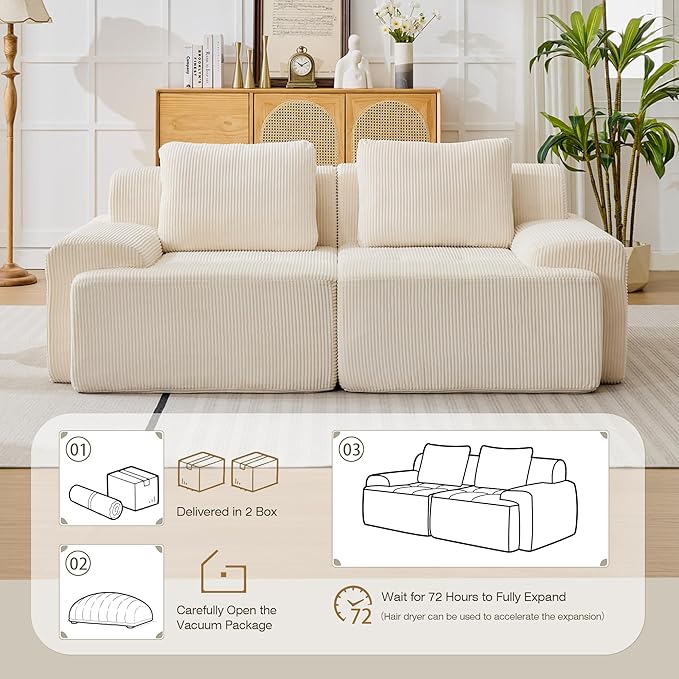 Modular Sectional Sofa, Boneless Couches for Living Room, Corduroy Couch, Big Comfy Couch, Modular Cloud Sofa with Deep Seat (White, 2 Pieces-Loveseat)