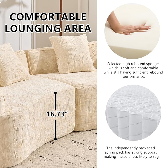 109-Inch Curved Boneless Sofa Couches Compressed 4-Seat Foam Couch for Living Room Bedroom, Boneless Modular Cloud Sofa Curved Floor Couch with 4 Pillows, No Assembly