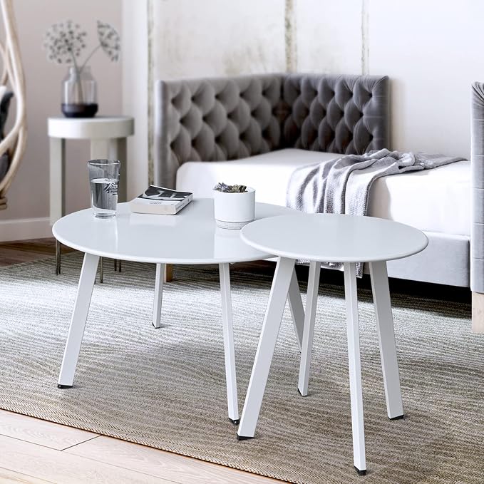 Meluvici Outdoor Patio Coffee Table Set of 2, Weather Resistant End Table, Round Nesting Tables for Living Room Balcony Office, White - Image 4