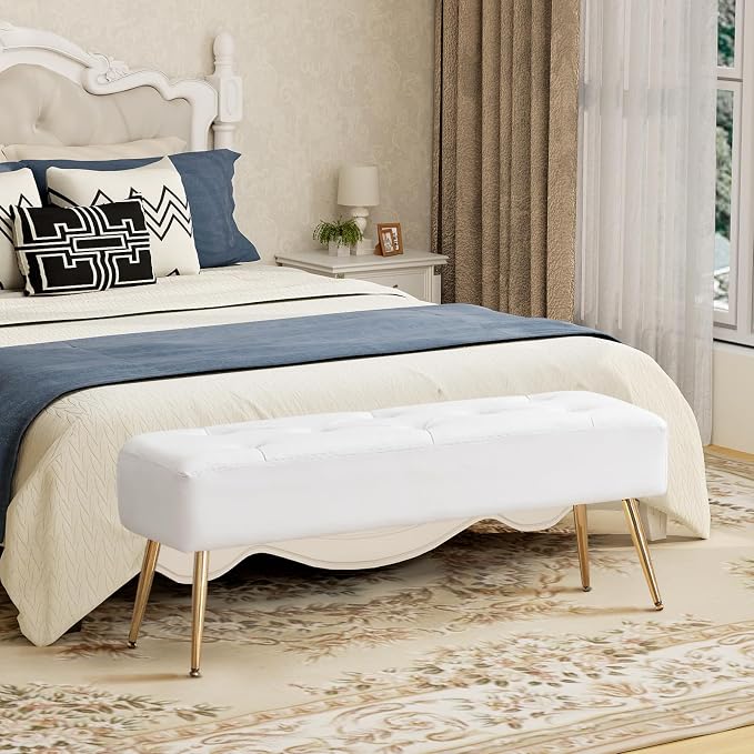 Furnimart Upholstered Tufted White Bench Ottoman with Padded Seat, Footrest Foot Stool with Sturdy Metal Leg, White Leather Bench for Bedroom Living Room Entryway - Image 9