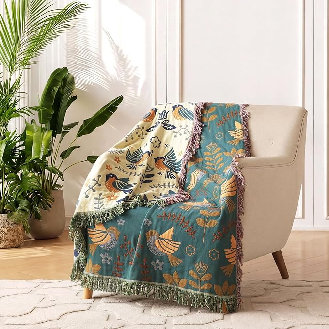 Boho Throw Blanket for Bed 100% Cotton Soft Quilt Spring Lightweight Blanket Bird Floral Embroidery Room Decor Twin Bed Blankets,60"x80" All Season Breathable Throw for Sofa&Couch Chair