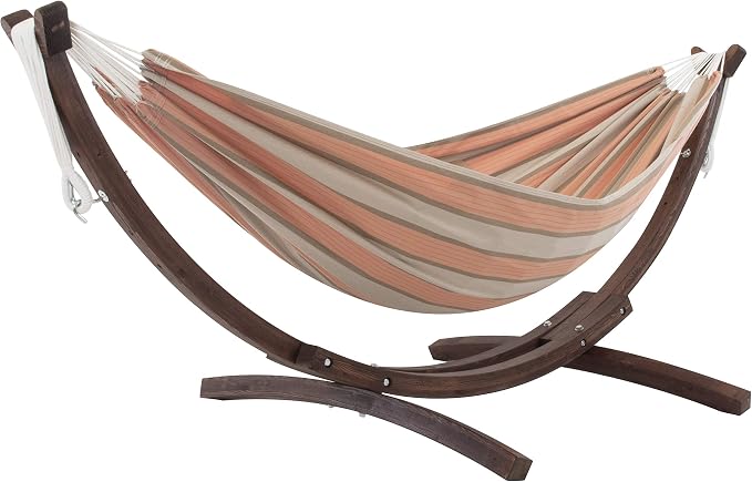 Vivere Double Cotton Hammock with Solid Pine Arc Stand - 450 lb Capacity, Durable FSC Wood Frame, Includes Hardware & User Guide - 450 lb Weight Capacity (Cameo) by Vivere