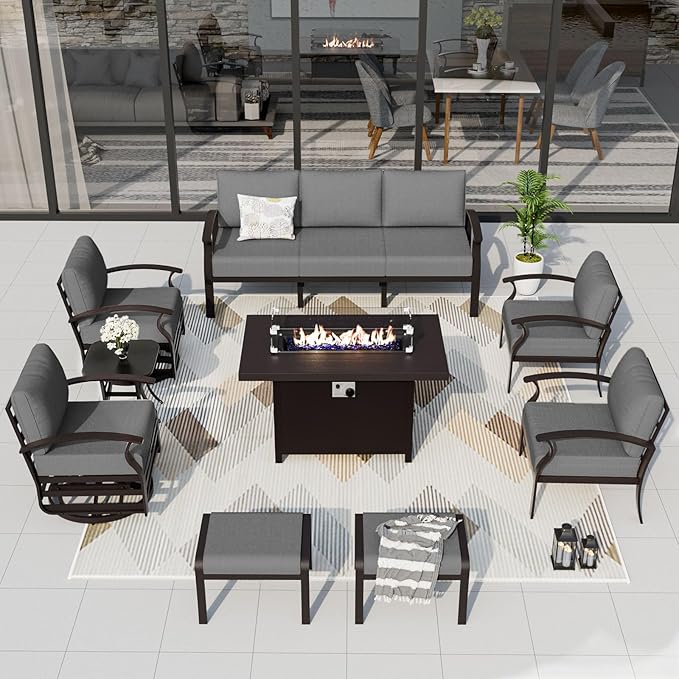 ALAULM Aluminum Patio Furniture Set with Propane Fire Pit Table 9-seat Metal Outdoor Furniture w/Swivel Chairs Patio Sectional Sofas w/2 Ottomans for Porch, Backyard, Poolside-Grey