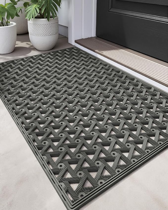 DEXI Front Door Mat Outside Entrance Rubber 24x36, Welcome Floor Doormat Heavy Duty Non Slip, Dirt Trapper Waterproof Exterior Entry Mats All Weather for Patio Entryway Drainage, Grey by DEXI