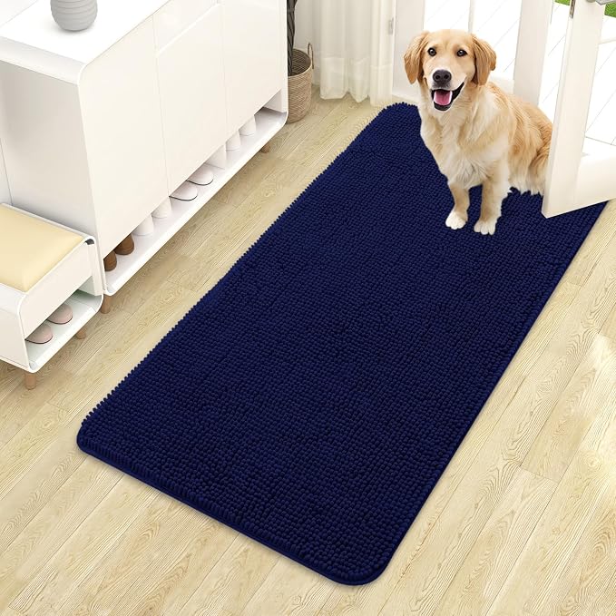 OLANLY Dog Door Mat for Muddy Paws 44x24, Absorbs Moisture and Dirt, Absorbent Non-Slip Washable Doormat, Quick Dry Chenille Mud Mat for Dogs, Entry Indoor Entryway Carpet for Inside Floor, Navy Blue by OLANLY