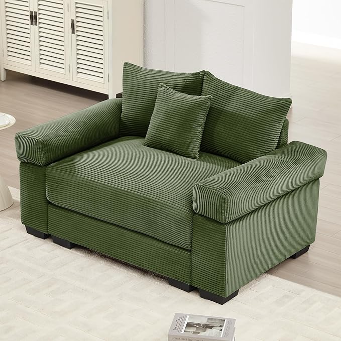KEIKI 54" Oversized Corduroy Modular Sectional Single Sofa with High-Density Foam Cushions, Extra-Thick Armrests, Upholstered Modern 1-Seater Lounge Accent Chair with 3 Pillow, for Living Room, Green
