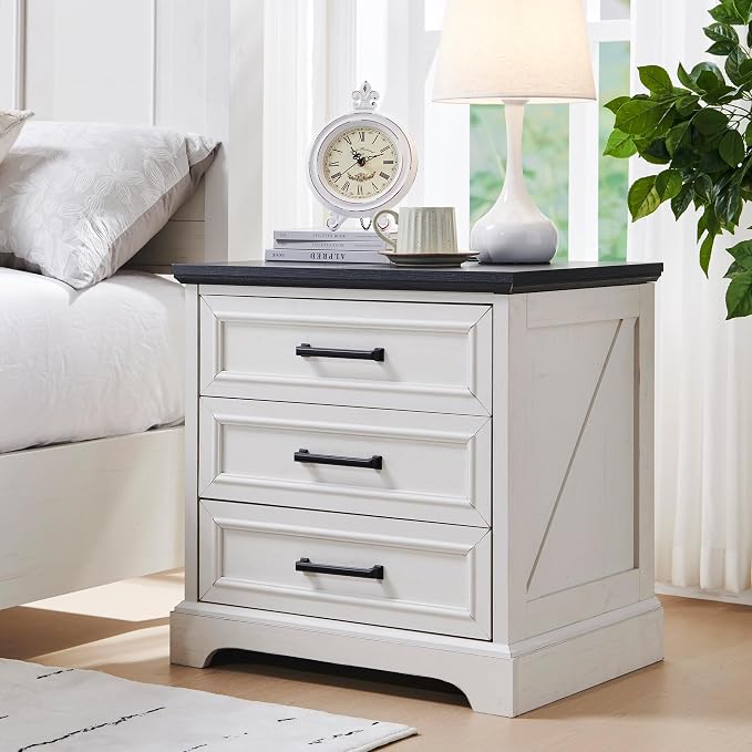 ACCOHOHO Farmhouse Nightstand with Charging Station, 22 Inch Wide End Table with 3 Large Drawers & Bar Handles, Rustic Wood Small Dresser Chest of Drawers for Bedroom, Living Room, Closet, Off White by ACCOHOHO