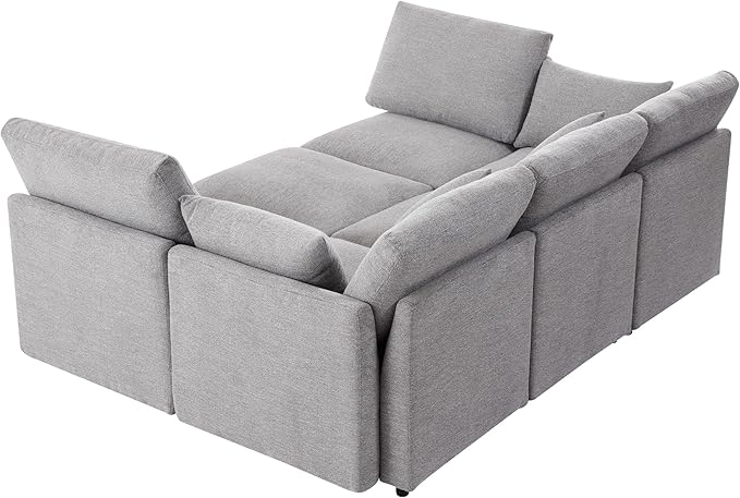 Eafurn 6 Seater Reversible Modular Sectional Sofa Convertible Sleeper Couch Bed, Free Combination Chenille Upholstered Corner Sofa Couches with USB Ports and Detachable Cushions (Light Gray)