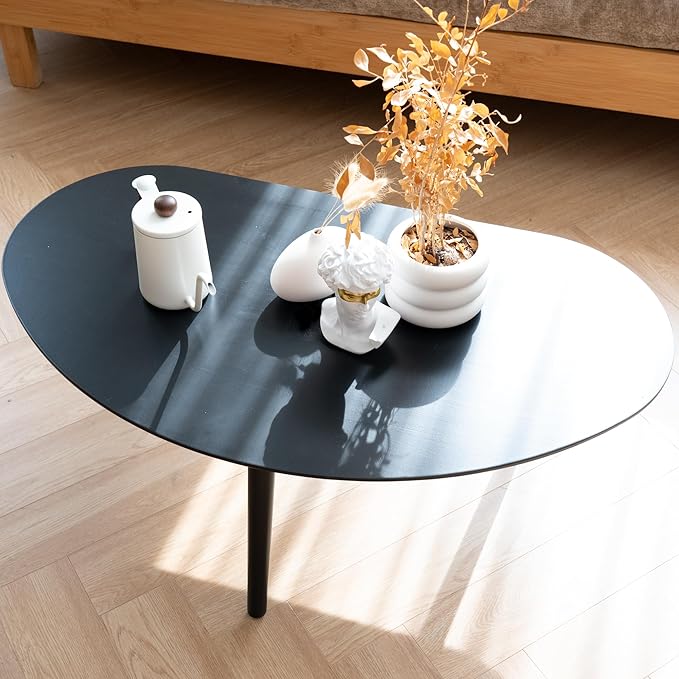 Small Oval Coffee Table Mid Century Modern for Living Room, Center Table,Solid Wood Coffee Table,Nature Wood (Black, 18.9" D x 33.85" W 12.4" H)