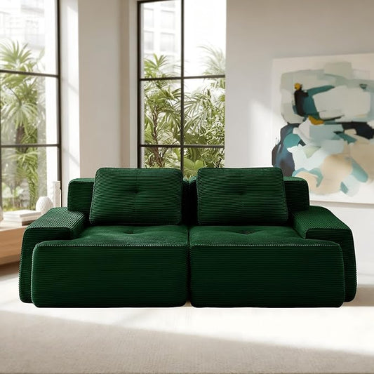 Casaphoria 80'' Corduroy Couch Sectional, 2 Seater Boneless Couches for Living Room, Green Modular Cloud Sofa with 2-Pillow, Extra Deep Seat Sofa with No Assembly