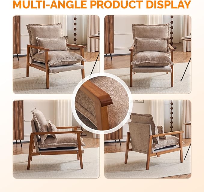 VINGLI Mid-Century Modern Cloud Accent Armchair with Lumbar Pillow, 6.3'' Thick Seat Cushion Comfortable Reading Chair with Wooden Armrests，Boho Lounge Chair for Bedroom, Living Room, Chenille, Khaki