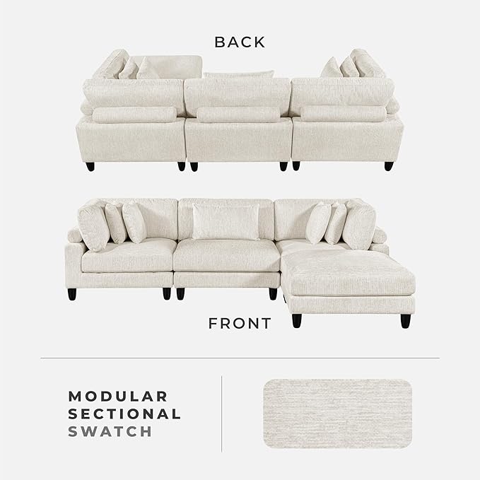 Lexicon 120 Inch Modular Sectional Sofa - Oversized 4 Seater Microfiber L Shaped Sectional Couch with Ottoman, 5 Accent Pillows, and Flexible Arrangement for Modern Living Rooms, Beige