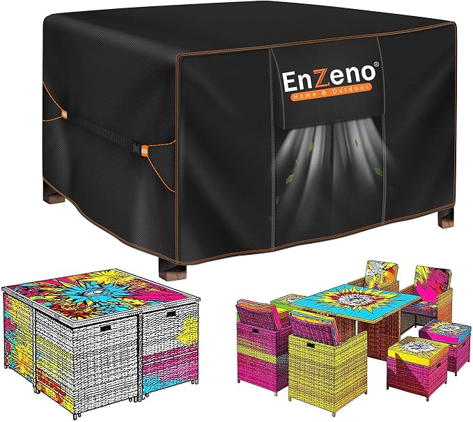 Enzeno Patio Furniture Set Cover Waterproof, Square Outdoor Table and Chair Set Covers, Heavy Duty Outside Weatherproof Garden Rattan Set Covers for Protection 49" L x 49" W x 28" H Black by Enzeno